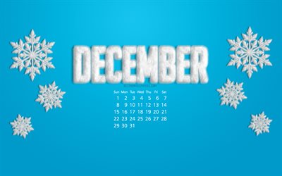 2019 December Calendar, blue background, snowflakes, 2019 calendars, December, winter