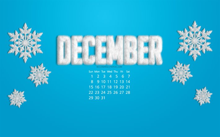 2019 dicembre Calendario, sfondo blu, fiocchi di neve, 2019 calendari, dicembre, invernali