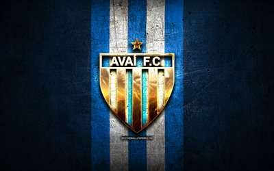 Avai FC, logo oro, Serie A, blu, metallo, sfondo, calcio, Avai SC, brazilian football club, Avai FC logo, Brasile