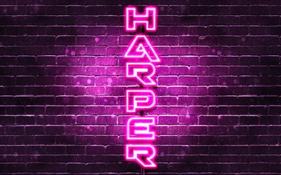 4K, Harper, pystysuora teksti, Harper nimi, taustakuvia nimet, naisten nimi&#228;, violetti neon valot, kuva Harper nimi