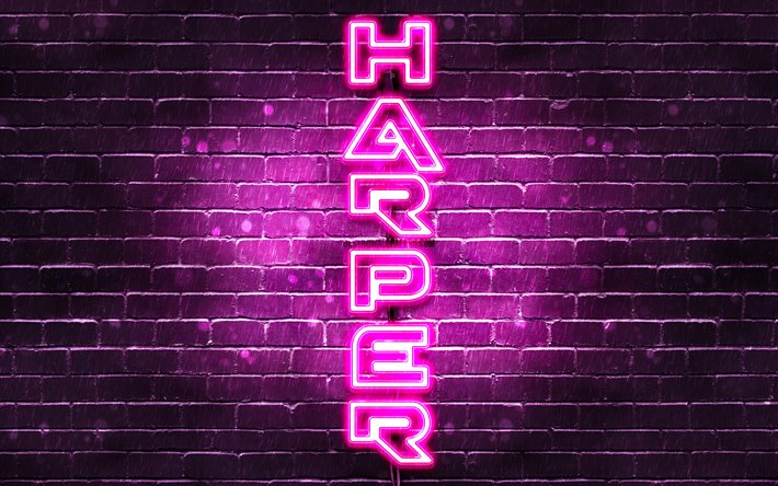 4K, Harper, le texte vertical, Harper nom, fonds d&#39;&#233;cran avec des noms, des noms de femmes, de violet, de n&#233;ons, de l&#39;image avec Harper nom