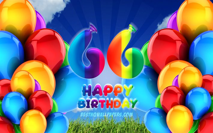 4k, 幸せは66歳の誕生日, 曇天の背景, 誕生パーティー, カラフルなballons, 嬉しい66歳の誕生日, 作品, 66歳の誕生日, 誕生日プ, 第66回誕生パーティー