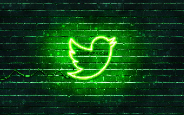 Twitterグリーン-シンボルマーク, 4k, 緑brickwall, Twitterロゴ, ブランド, Twitterネオンのロゴ, Twitter
