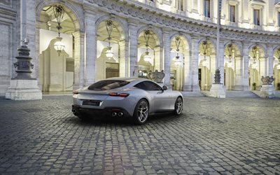 Ferrari Roma, 2020, vista posterior, exterior, plata deportivo coup&#233;, plata nueva Roma, superdeportivo italiano, Ferrari
