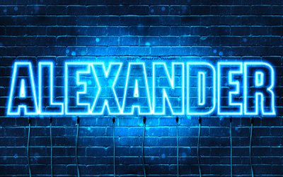 Alexander, 4k, tapeter med namn, &#246;vergripande text, Alexander namn, bl&#229;tt neonljus, bild med Alexander namn
