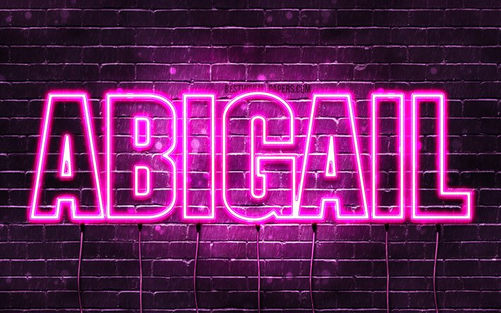 Abigail, 4k, wallpapers with names, female names, Abigail name, purple neon lights, horizontal text, picture with Abigail name