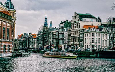 Amsterdam, casas, r&#237;o, canal, oto&#241;o, paisaje de la ciudad de Amsterdam, pa&#237;ses Bajos