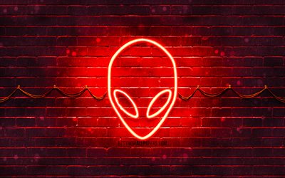 Alienware red logo, 4k, red brickwall, Alienware logo, brands, Alienware neon logo, Alienware