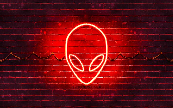 A Alienware logo vermelho, 4k, vermelho brickwall, O logotipo da Alienware, marcas, A Alienware neon logotipo, A Alienware