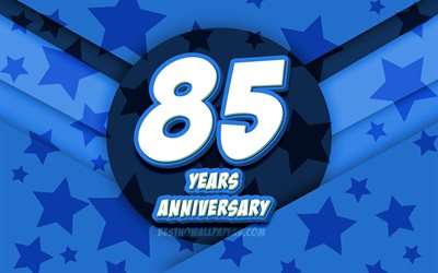 4k, 85周年, コミック3D文字, 青い星の背景, 85周年記念サイン, 85年記念, 作品, コンセプト