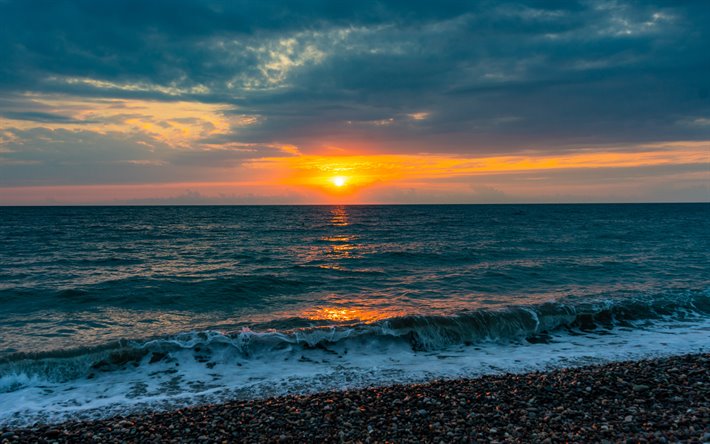 Svarta Havet, kusten, sunset, kv&#228;ll, Batumi, Georgien, havet