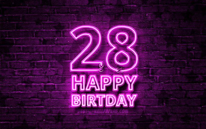 Happy 28 Years Birthday, 4k, purple neon text, 28th Birthday Party, blue brickwall, Happy 28th birthday, Birthday concept, Birthday Party, 28th Birthday