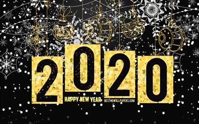 2020 New Year, 2020 Black Christmas background, Happy New Year 2020, 2020 concepts, Black 2020 background, golden christmas balls