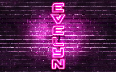4K, Evelyn, vertical text, Evelyn name, wallpapers with names, female names, purple neon lights, picture with Evelyn name