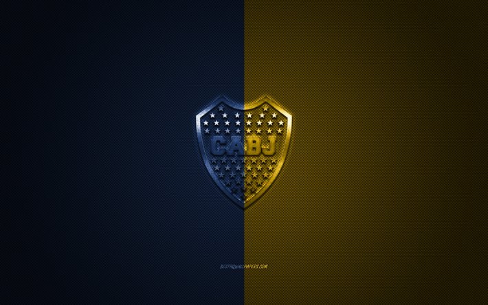 Boca Juniors, Argentiinalainen jalkapalloseura, Argentiinan Primera Division, sininen keltainen logo, sininen keltainen hiilikuitu tausta, jalkapallo, Buenos Aires, Argentiina, Boca Juniors-logo