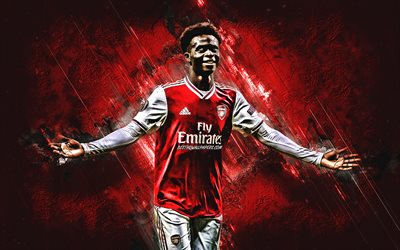 Bukayo Saka, Arsenal FC, English football player, portrait, red stone background, Premier League, football, England