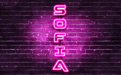 4K, Sofia, vertical text, Sofia name, wallpapers with names, female names, purple neon lights, picture with Sofia name