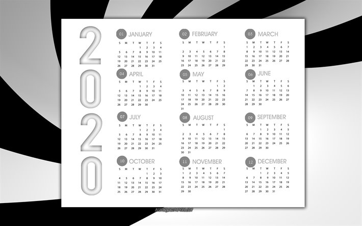 Negro 2020 Calendario, todos los meses, creativa fondo negro, 2020 calendarios, Feliz Nuevo A&#241;o 2020 2020 todos los meses