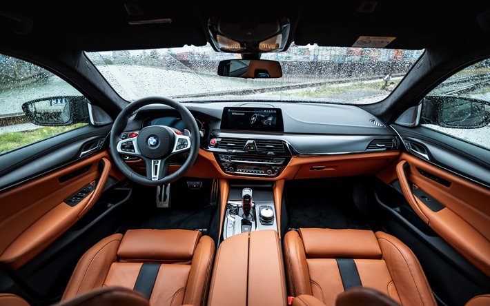2019, el BMW M5, el interior, el nuevo M5, vista interior, el ajuste de la M5, marr&#243;n, interior de cuero, M5 Manhart, F90, los coches alemanes, BMW