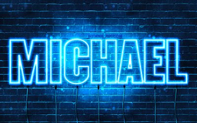 Michael, 4k, pap&#233;is de parede com os nomes de, nomes femininos, Michael nome, roxo luzes de neon, texto horizontal, foto com Michael nome