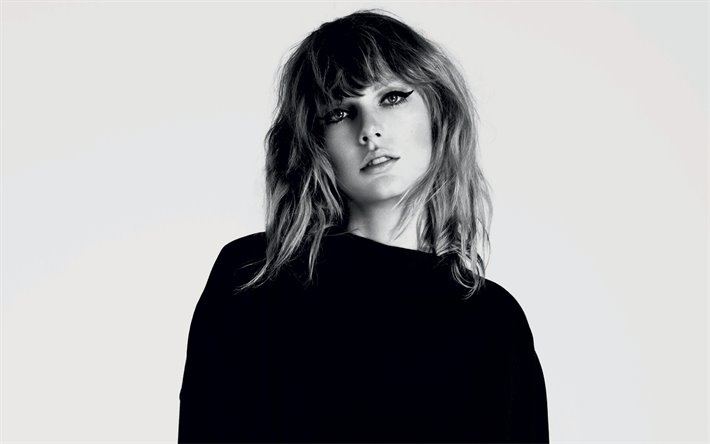 Taylor Swift, retrato, cantora norte-americana, sess&#227;o de fotos, monocrom&#225;tico, vestido preto, cantores populares