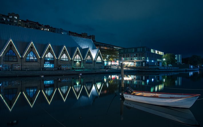 Gotemburgo, Cidade sueca, noite, barcos, paisagem urbana, Su&#233;cia