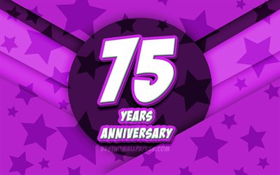 4k, 創立75周年記念, コミック3D文字, 紫星の背景, 創立75周年記念サイン, 75年記念, 作品, コンセプト