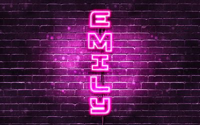 4K, Emily, el texto vertical, Emily nombre, fondos de pantalla con los nombres, los nombres femeninos, p&#250;rpura luces de ne&#243;n, la imagen con el nombre de Emily