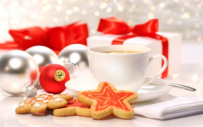 cup of tea, Christmas, New Year, Christmas cookies, white cup, tea
