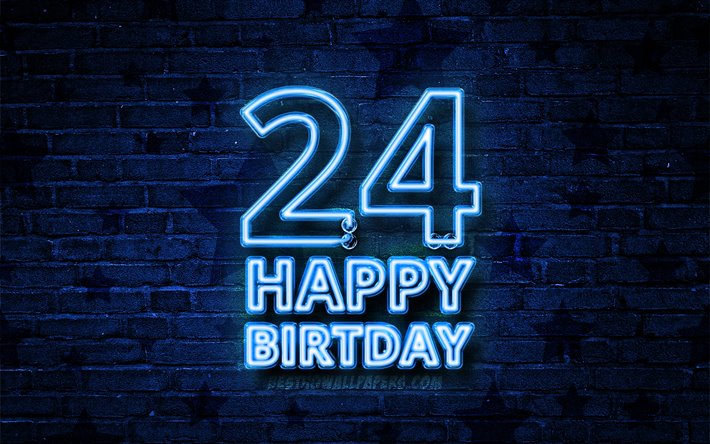 Happy 24 Years Birthday, 4k, blue neon text, 24th Birthday Party, violet brickwall, Happy 24th birthday, Birthday concept, Birthday Party, 24th Birthday
