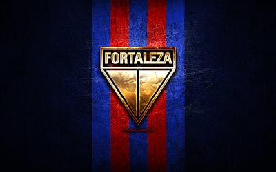 Fortaleza FC, golden logotyp, Serie A, bl&#229; metall bakgrund, fotboll, Fortaleza EG, brasiliansk fotboll club, Fortaleza FC logotyp, Brasilien