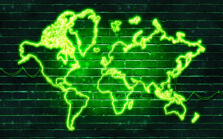緑のネオンの世界地図, 4k, 緑brickwall, 世界のマップのコンセプト, グリーンワーの地図, 世界地図