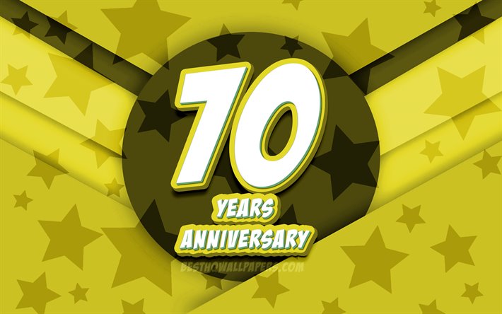 4k, 創立70周年記念, コミック3D文字, 黄色星の背景, 創立70周年記念サイン, 70周年記念, 作品, コンセプト