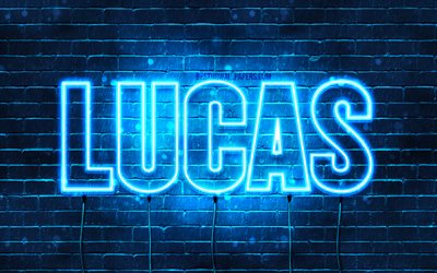 Lucas, 4k, wallpapers with names, female names, Lucas name, purple neon lights, horizontal text, picture with Lucas name