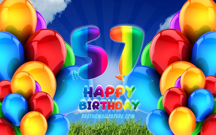 4k, Happy57年に誕生日, 曇天の背景, 誕生パーティー, カラフルなballons, 嬉しい第57回誕生日, 作品, 57歳の誕生日, 誕生日プ, 第57回の誕生日パーティー