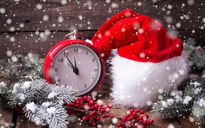 Midnight, Christmas, Midnight New Year, red alarm clock, Happy New Year, Christmas background, Santa Claus red hat