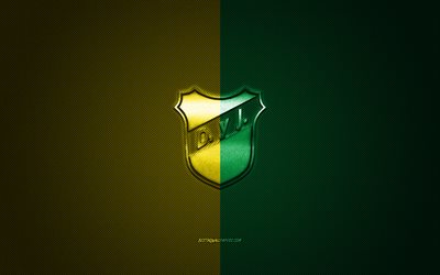 Arada ABD Savunma Bakanı y Justicia, Arjantinli Futbol Kul&#252;b&#252;, Arjantin, Lig, yeşil-sarı logo, yeşil-sarı karbon fiber arka plan, futbol, Florencio Varela, arada ABD Savunma Bakanı y Justicia logosu