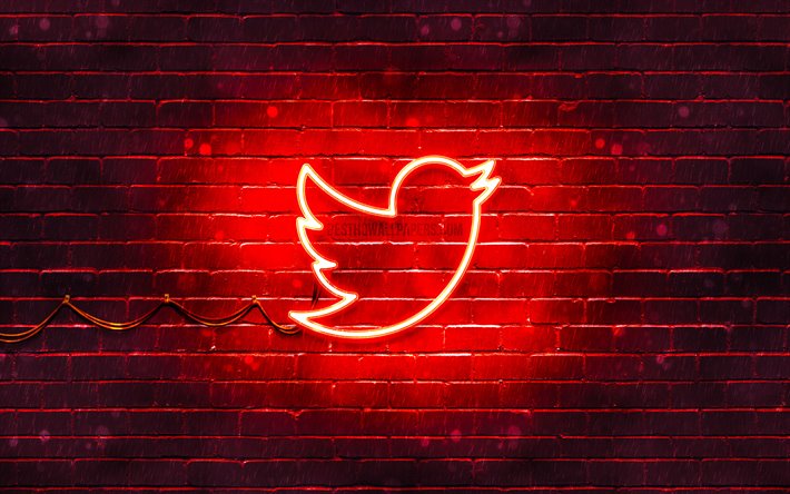 Twitter赤ロゴ, 4k, 赤brickwall, Twitterロゴ, ブランド, Twitterネオンのロゴ, Twitter