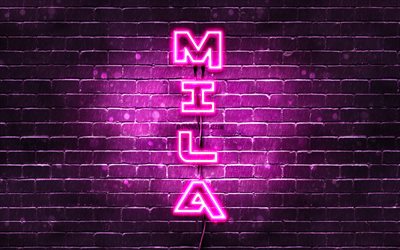 4K, Mila, vertical text, Mila name, wallpapers with names, female names, purple neon lights, picture with Mila name