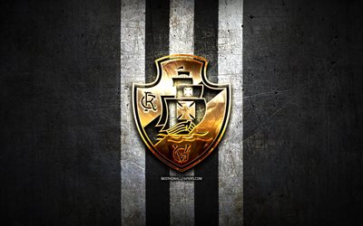 Vasco da Gama FC, golden logotyp, Serie A, black metal bakgrund, fotboll, CR Vasco da Gama, brasiliansk fotboll club, Vasco da Gama FC logotyp, Brasilien