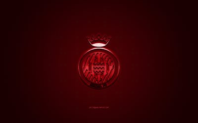 girona fc, der spanischen fu&#223;ball-club, la liga 2, rotes logo, rote kohlenstoff-faser-hintergrund, fu&#223;ball, girona, spain, girona fc-logo