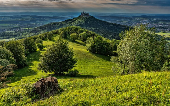 Hohenzollern Castle of Hohenzollern, 4k, Alman yerler, Bisingen, Almanya, Avrupa, Ev, HDR, doğa beautfiul