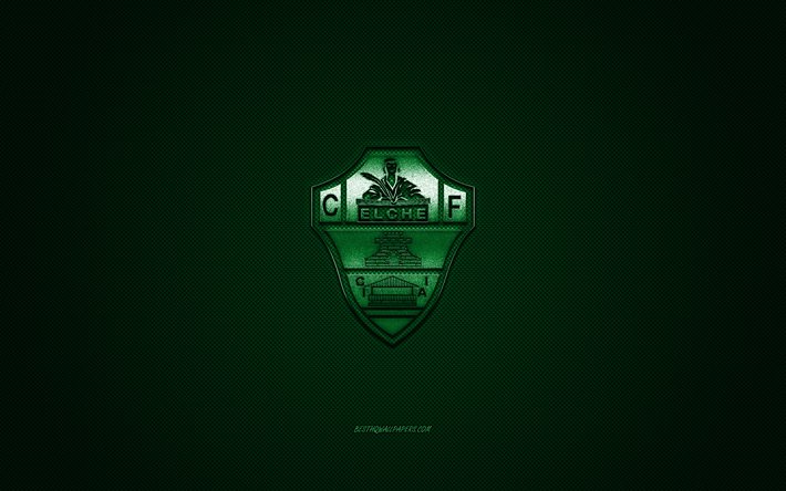 Elche CF, Spanish football club, La Liga 2, green logo, green carbon fiber background, football, Elche, Spain, Elche CF logo