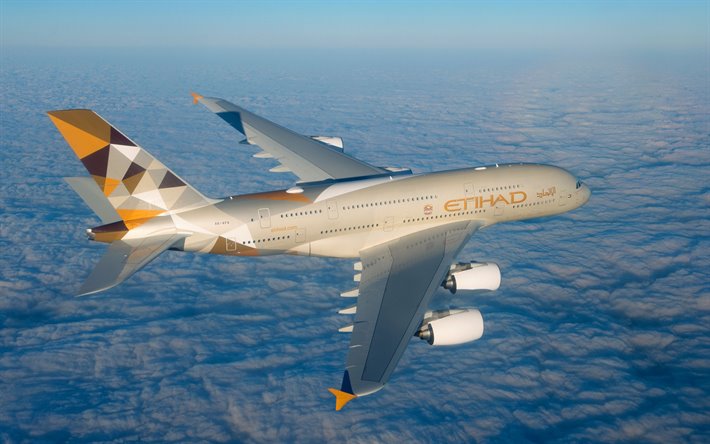 Airbus A380-800 aereo, passeggero, aereo, Etihad Airways, A380, i viaggi in aereo concetti, Airbus