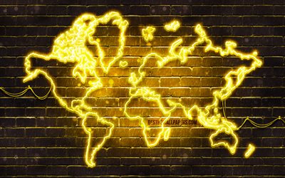 Yellow neon World Map, 4k, yellow brickwall, World Map Concept, Yellow World Map, World Maps