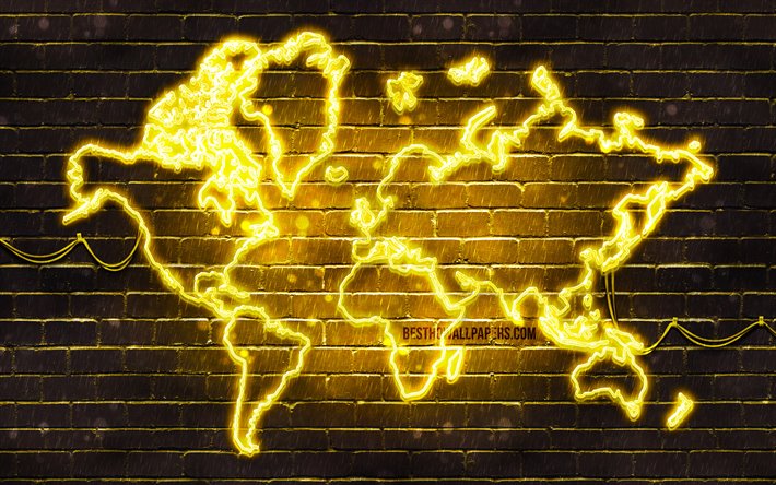 黄色のネオンの世界地図, 4k, 黄brickwall, 世界のマップのコンセプト, 黄色い世界地図, 世界地図