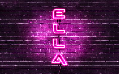 4K, Ela, texto vertical, Ella nome, pap&#233;is de parede com os nomes de, nomes femininos, roxo luzes de neon, imagem com Ella nome