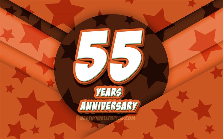 4k, 55th anniversary, comic-3d-buchstaben, orange sterne hintergrund, 55th anniversary sign, 55 jahre, jahrestag, kunstwerk, jahrestag konzept