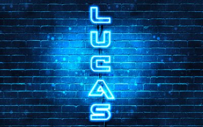 4K, Lucas, vertical text, Lucas name, wallpapers with names, blue neon lights, picture with Lucas name