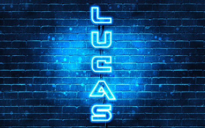 4K, Lucas, pystysuora teksti, Lucas nimi, taustakuvia nimet, blue neon valot, kuvan nimi Lucas